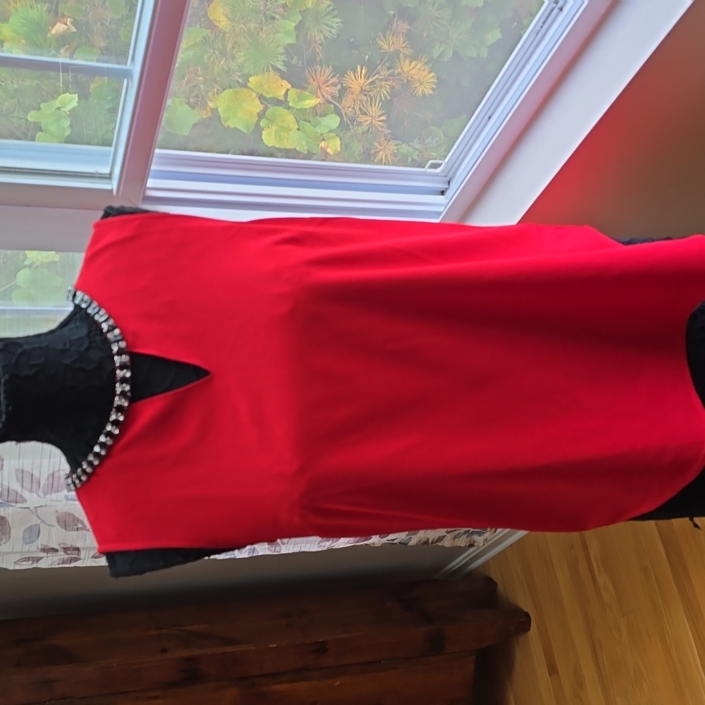 Womens Red Blouse with Jewel neckline